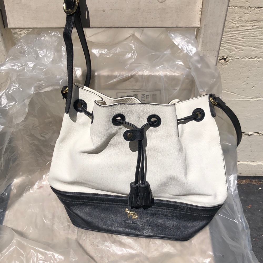 Emma fox Two-Tone White and Black Drawstring leather Shoulder Bag with Tassel